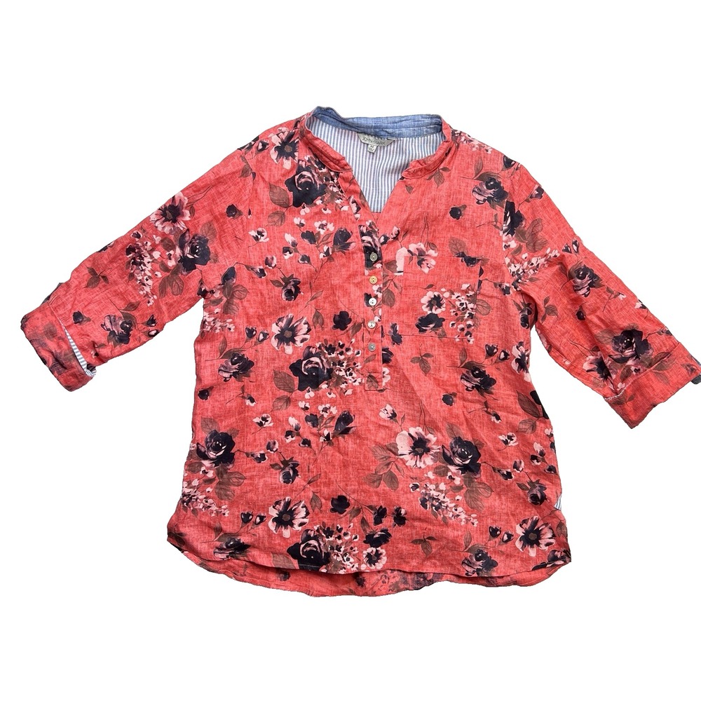 John Mark 100% Linen Tunic Women's M Pink Floral Lagenlook Pockets Button Blouse